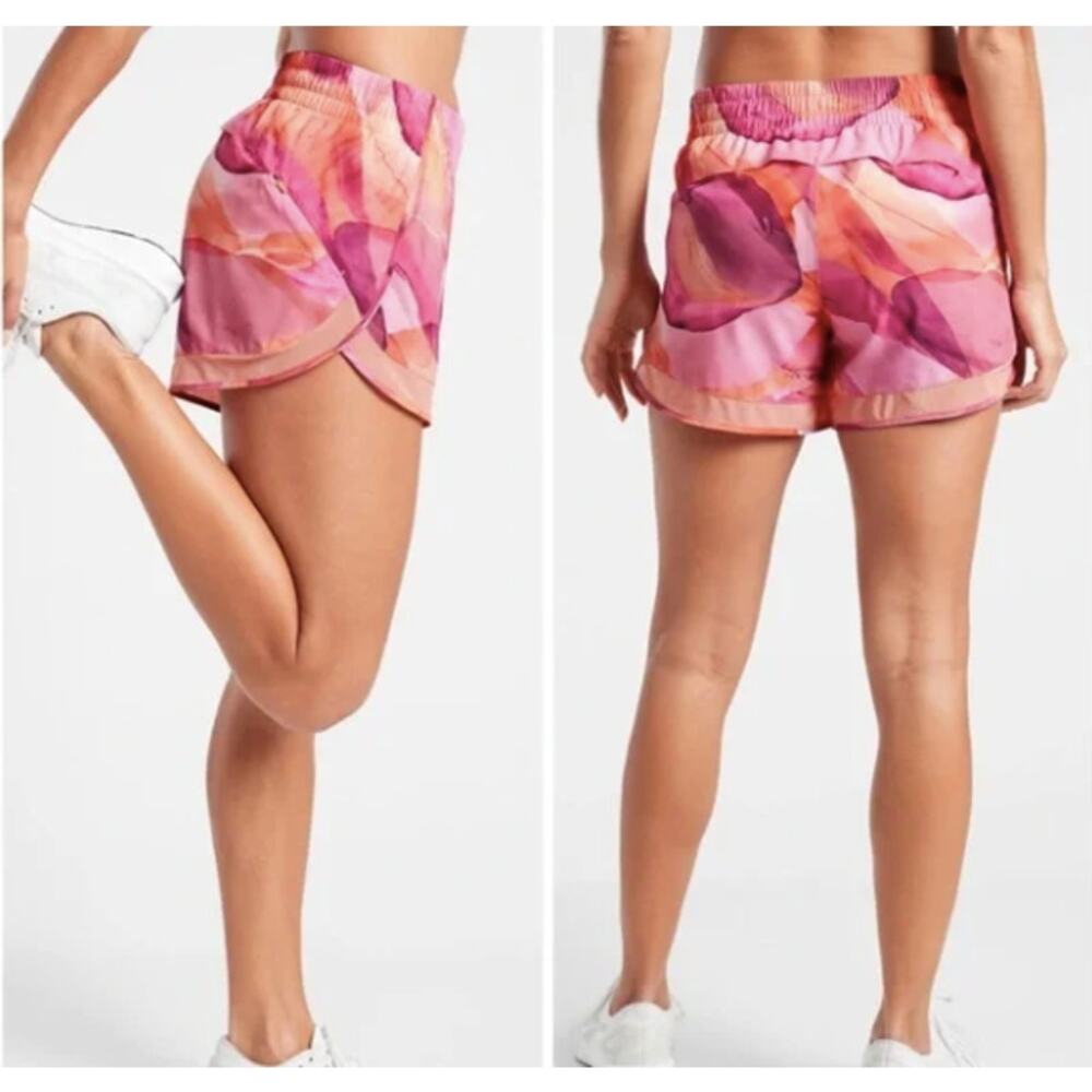 Athleta Printed Mesh Racer Run Shorts 1X Pink Orange Abstract Athletic Workout